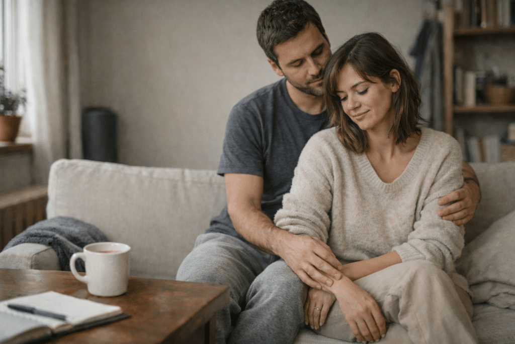 Nő pihen kanapén, partnere közelében — női test működésének helyreállítása