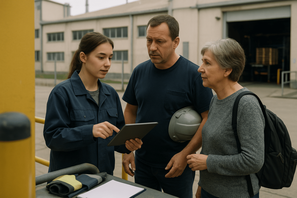Gyári munkalehetőségek megbeszélése tablettel a gyárudvaron
