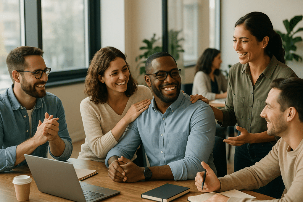 Diverz munkahelyi csapat bizalommal és munkahelyi lojalitással egy modern irodában