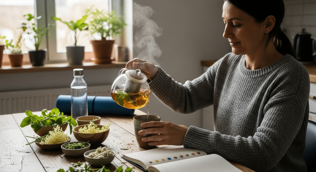 női ciklus támogatása: nő teát készít gyógynövényekkel konyhában