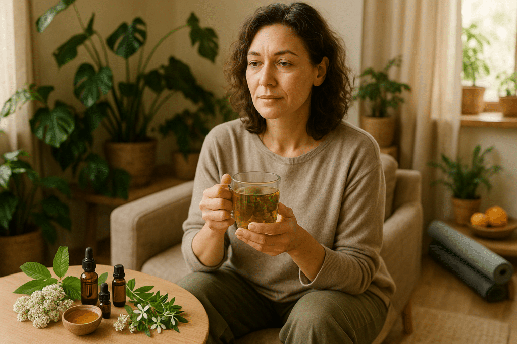 Nyugodt nő ösztrogénhiány tüneteivel, gyógynövényekkel és természetes ellátással