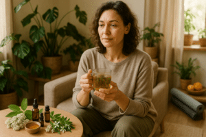 Nyugodt nő ösztrogénhiány tüneteivel, gyógynövényekkel és természetes ellátással