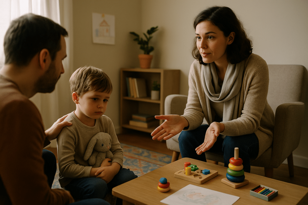 pszichológus első családi tanácsadáson, nyugodt beszélgetés a kisgyerekkel