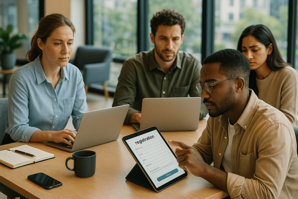 Regisztráció álláskeresőknek modern coworking irodában laptopokkal.