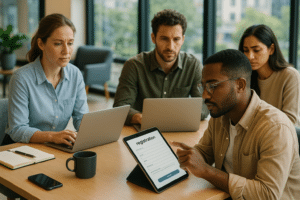 Regisztráció álláskeresőknek modern coworking irodában laptopokkal.