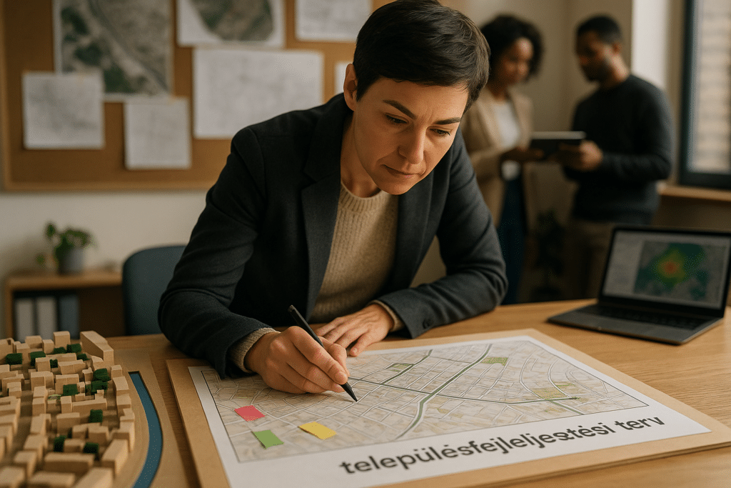 Női tervező településfejlesztési tervet jelöl az asztalon