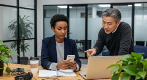 Kortárs coworking jelenet: nő álláskeresés közben, férfi tanácsot ad