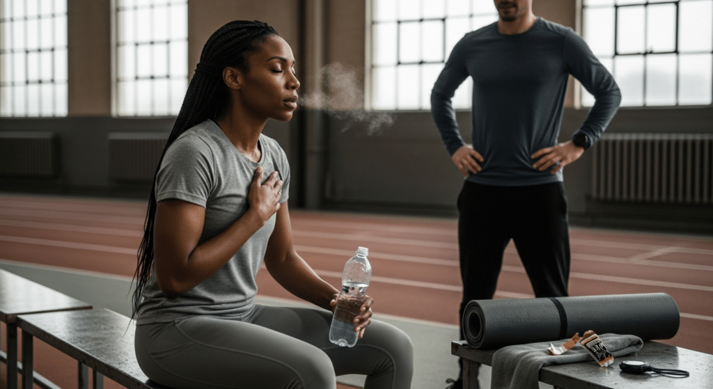 Átmeneti szervezeti válság sportban: atlétanő ül, lélegzik, edző figyel