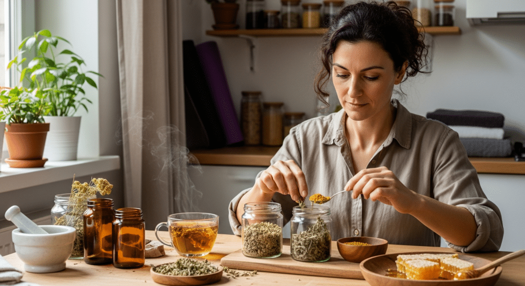 Női hormonális tengely támogatása gyógynövény-rituállal napsütötte konyhában