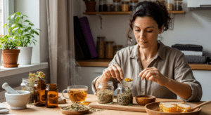 Női hormonális tengely támogatása gyógynövény-rituállal napsütötte konyhában