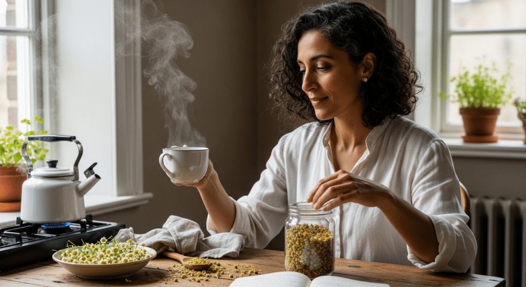 Kamilla tea rituálé középkorú nővel otthoni konyhában