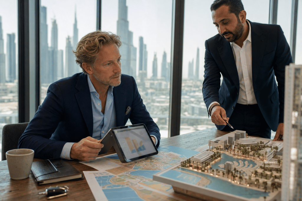 külföldi ingatlanbefektetési lehetőségek 2026-ban, magyar befektető Dubaj tárgyalóban