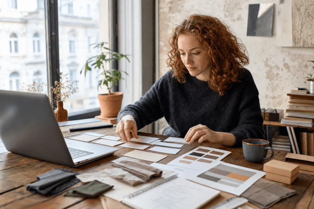 Webshop domain név bővülés tervezése: nő ül kártyákkal napfényes otthoni irodában